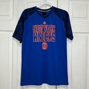🌷 Adidas New York Knicks Blue Black Orange Dri Fit Short Sleeve Shirt - Youth XL
